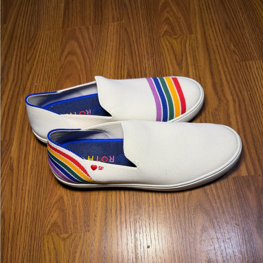 Rothy's White Slip-On Sneakers with Rainbow Stripes